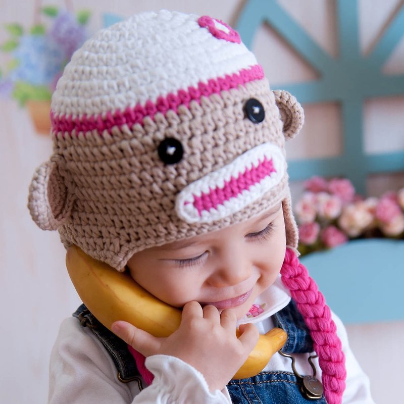 Cutie Bella手工编织帽Monkey-Girl - 婴儿帽/发带 - 棉．麻 咖啡色