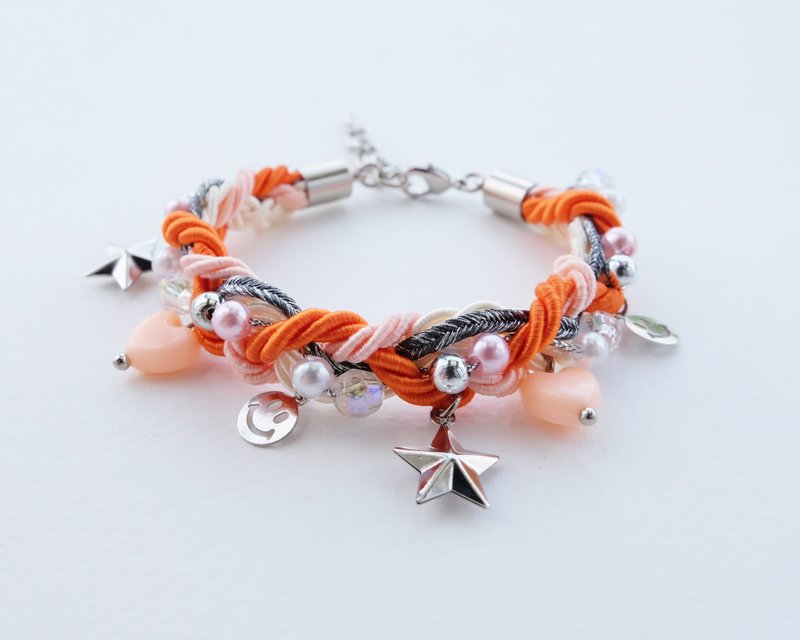 Smiley charms braided bracelet in orange color - 手链/手环 - 其他材质 橘色