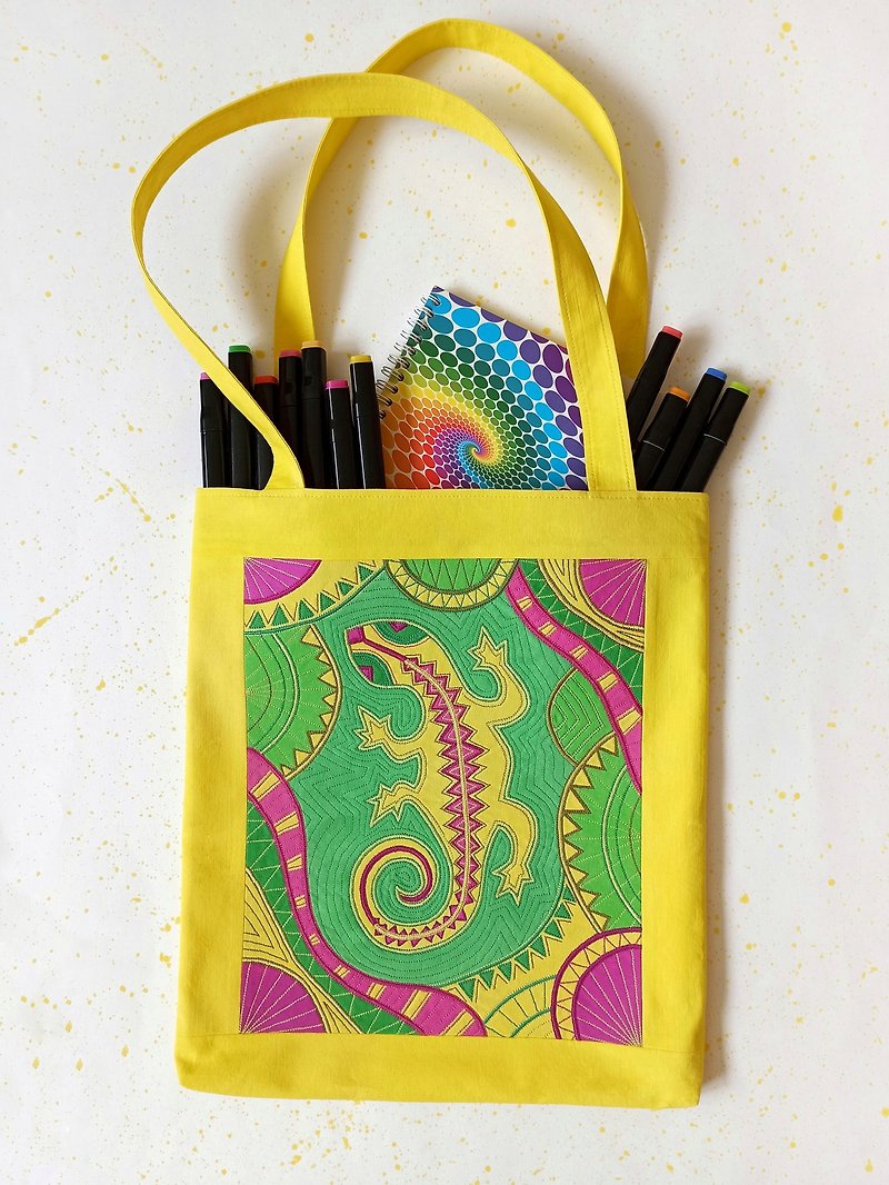 女士黄色购物袋。 作者的刺绣和手绘非洲蜥蜴 - 手提包/手提袋 - 棉．麻 黄色