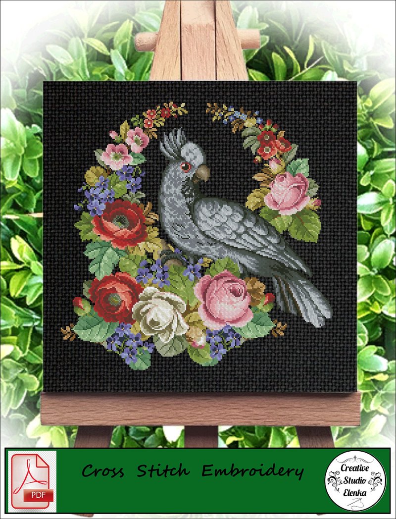 Vintage Cross Stitch Scheme Black cockatoo - PDF Embroidery Scheme - 编织/刺绣/羊毛毡/裁缝 - 其他材质 