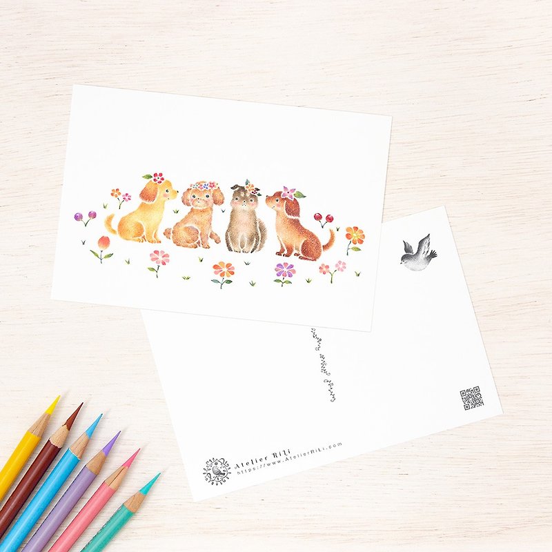 5枚セット。絵本のような。ポストカード "花を飾った子犬たち" PC-331 - 卡片/明信片 - 纸 粉红色