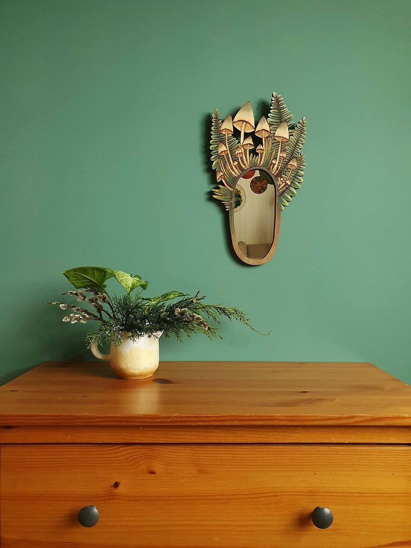 Wall Mirror Mushrooms, wooden mirror, wood burning, boho mirror wall decor - 墙贴/壁贴 - 木头 绿色