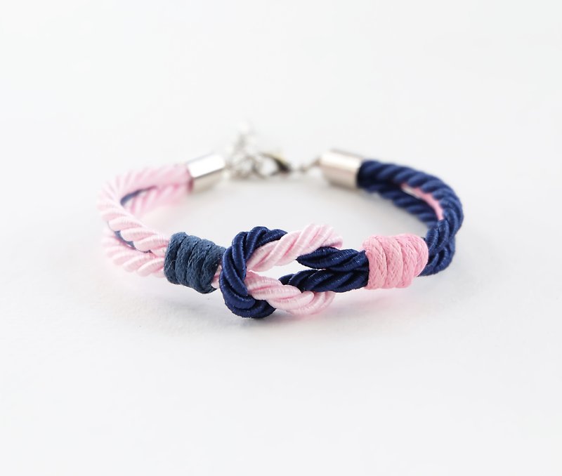 Navy blue / Pink knot rope bracelet with waxed cotton cord - 手链/手环 - 聚酯纤维 蓝色