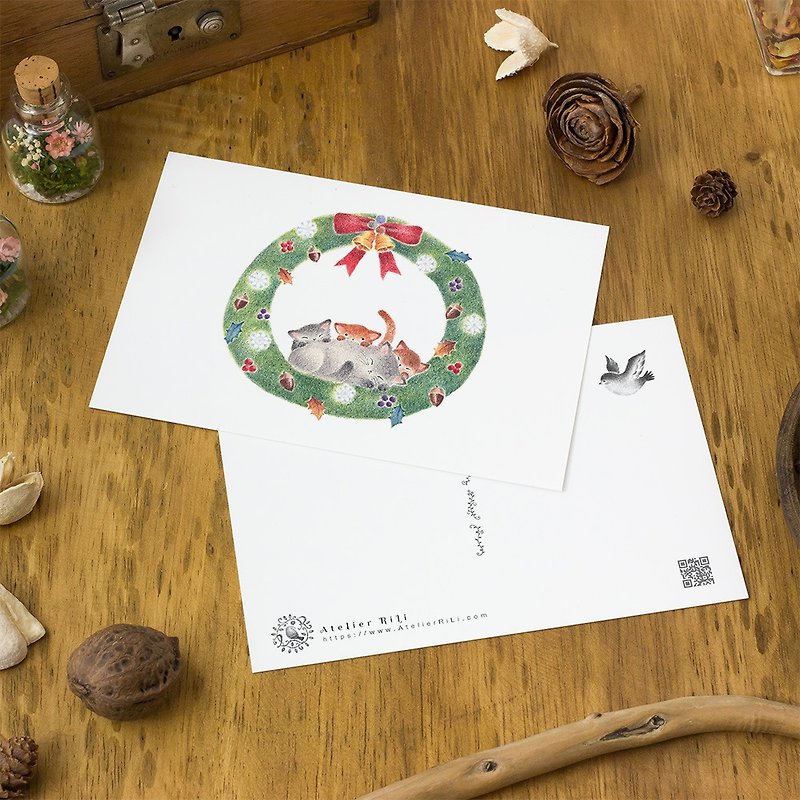 4枚セット。絵本のかけら。ポストカード "猫たちのクリスマス" PC-39 - 卡片/明信片 - 纸 绿色