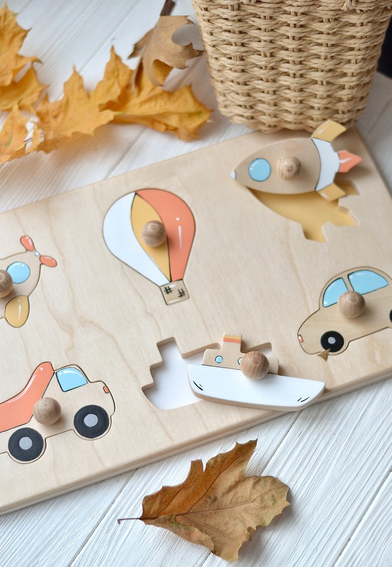 Hand painted transport puzzle Montessori shape puzzle Transport wooden toy - 玩具/玩偶 - 木头 多色