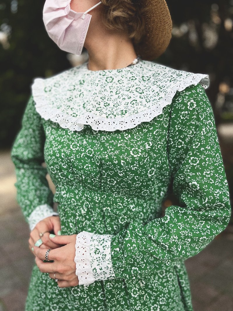 美国70年代手工订制碎花翻领蕾丝洋装 - 洋装/连衣裙 - 棉．麻 绿色