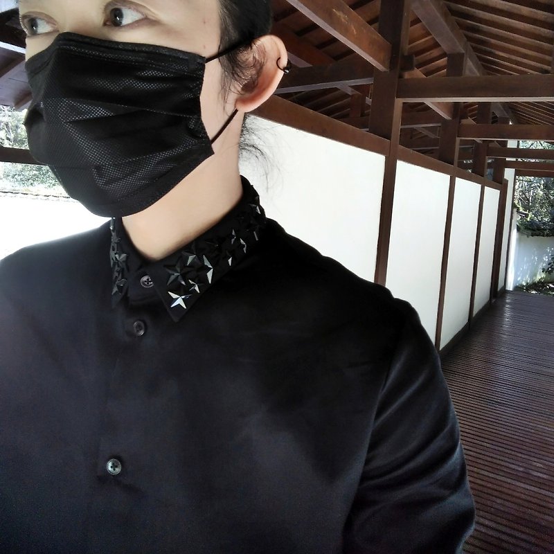 中性极简暗黑手缝钻领造型衬衫(男) Ray77 Galaxy - 男装衬衫 - 棉．麻 黑色