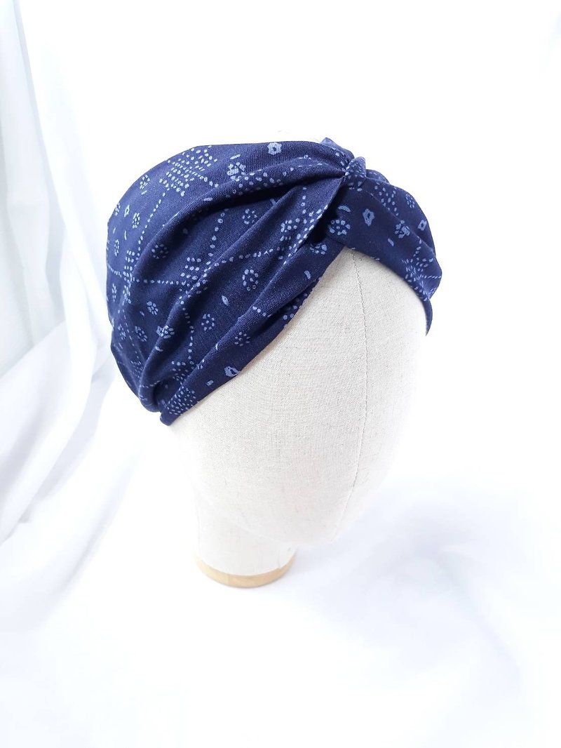 青蓝花纹头巾领巾式宽发带 - 发带/发箍 - 棉．麻 蓝色