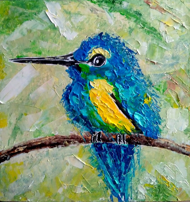 Original Painting Hummingbird, Mini Oil Artwork, Bird on Branch Wall Art, 手工油畫 - 海报/装饰画/版画 - 其他材质 多色