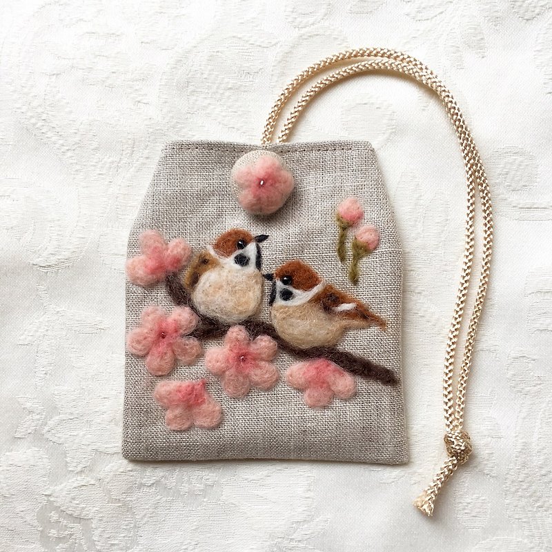 (受注制作).桜とすずめ  お守り袋 - 其他 - 棉．麻 粉红色
