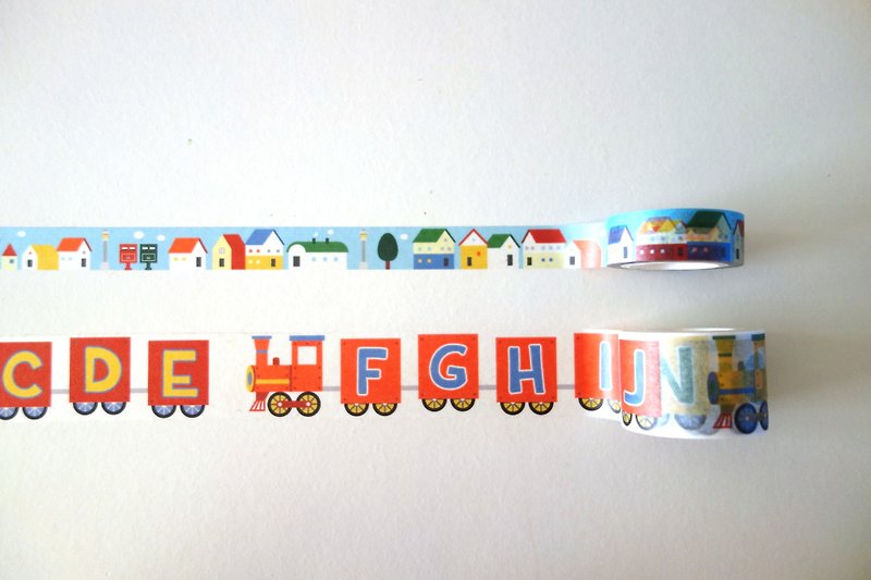 铁道系列组合包: 英文字母火车+小房子街景纸胶带 - 纸胶带 - 纸 多色