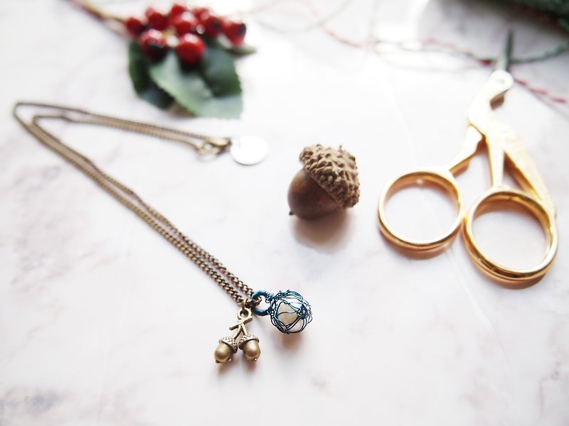 法式手工编织蓝色铜线配人造珍珠及铜色松果吊坠子项链P041 - 项链 - 其他金属 蓝色
