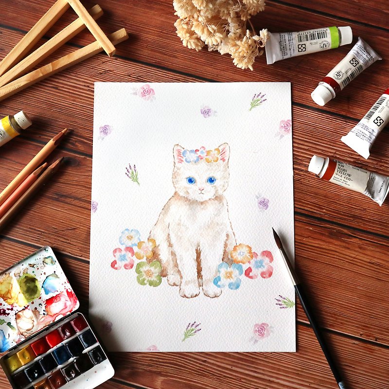 12 月倒数欢庆・喵星达 花园里的小白猫水彩插画 - 插画/绘画/写字 - 纸 