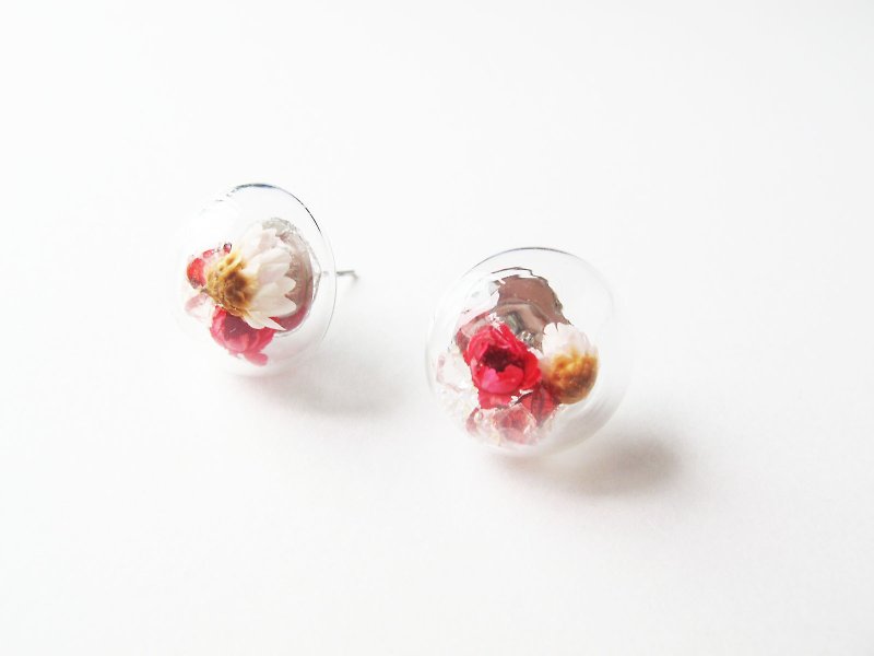 Rosy Garden 玫瑰红色小雏菊水晶弧面玻璃耳环 - 耳环/耳夹 - 植物．花 红色