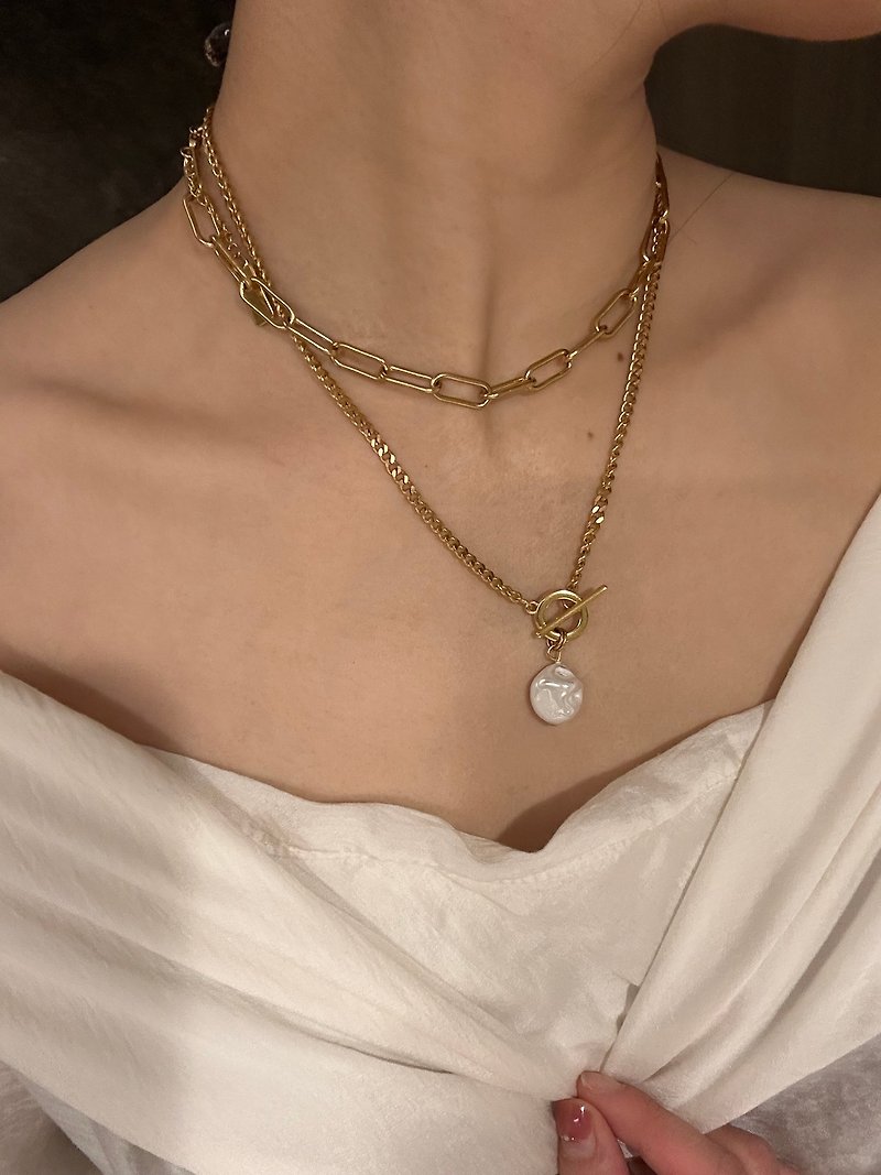希腊设计手工制 淡水珍珠项链 多层次项链 不锈钢项链 - 项链 - 珍珠 金色