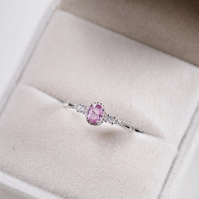 粉红蓝宝石 Sapphire 925纯银 戒指 简约碎钻 - 戒指 - 纯银 粉红色