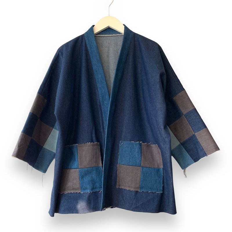 Kimono Style Outer With Three Quarter Sleeves - Denim - 男装外套 - 棉．麻 蓝色