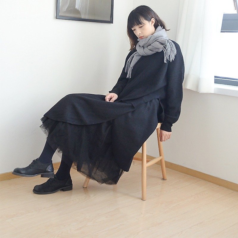 不规则羊毛呢拼接网纱裙|裙子|羊毛+棉+聚酯纤维|独立品牌|Sora-78 - 裙子 - 羊毛 黑色