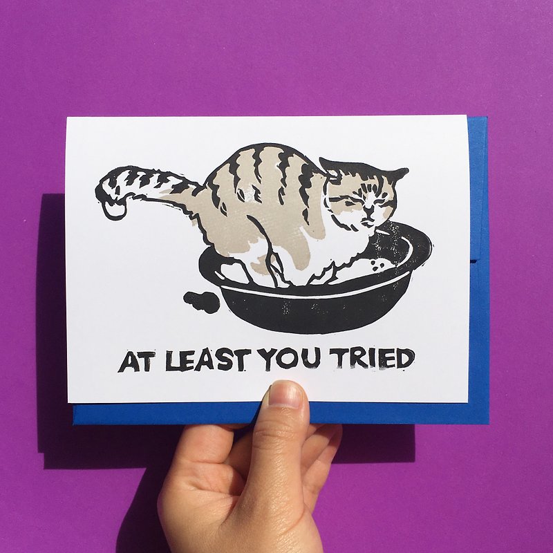 Hand-printed greeting card - At Least You Tired Cat Pooping Card - 卡片/明信片 - 纸 