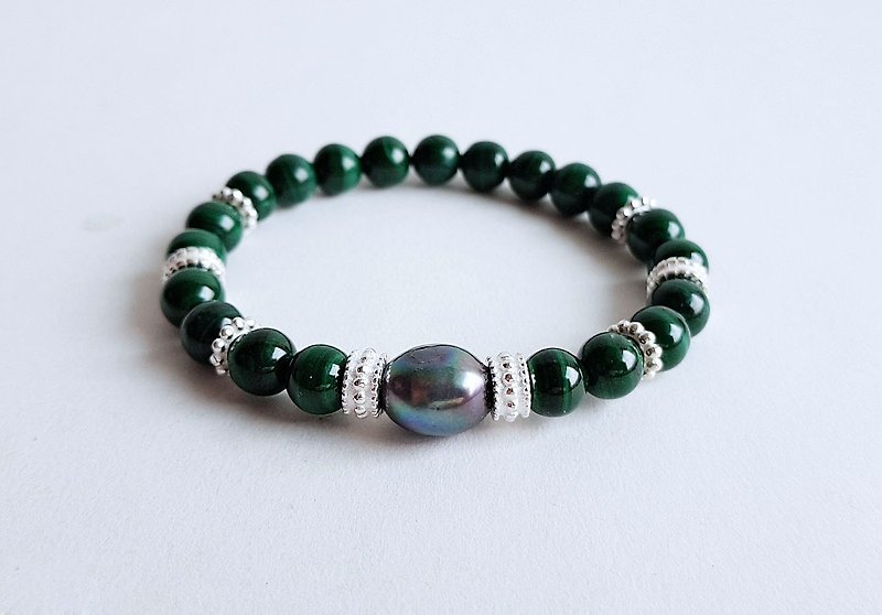 宝石系 梅拉 天然矿石 黑珍珠 孔雀石 925纯银手链 - 手链/手环 - 宝石 绿色