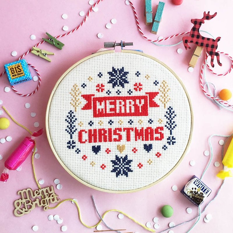 圣诞十字绣材料包 - Merry Merry Christmas, 定制化加入英文名字 - 编织/刺绣/羊毛毡/裁缝 - 绣线 红色