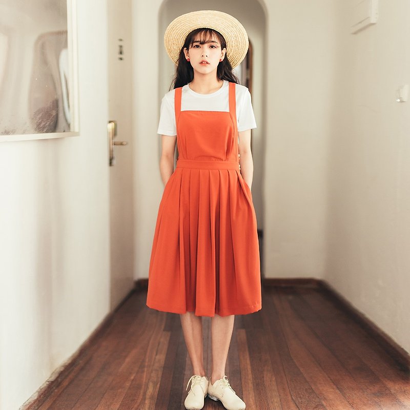 安妮陈2017夏季新款桔红色背带裙洋装 - 洋装/连衣裙 - 棉．麻 红色