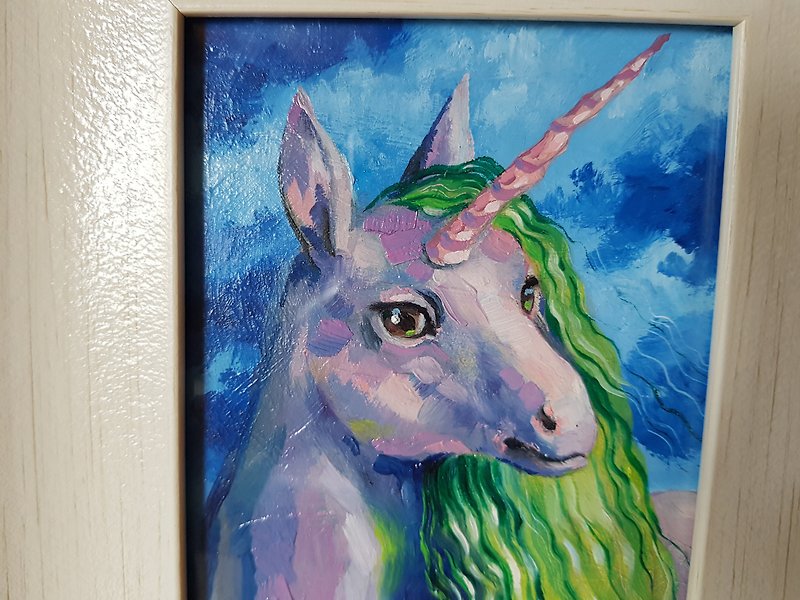 Small original cute animal Unicorn artwork hand painted oil painting framed - 墙贴/壁贴 - 其他材质 