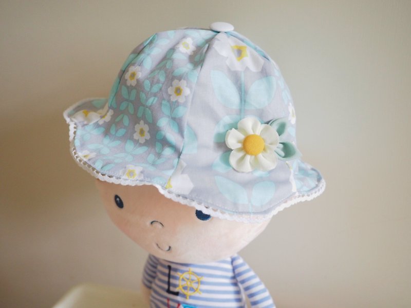 双面粉蓝小花全棉帽子发夹套装 - 婴儿帽/发带 - 棉．麻 蓝色