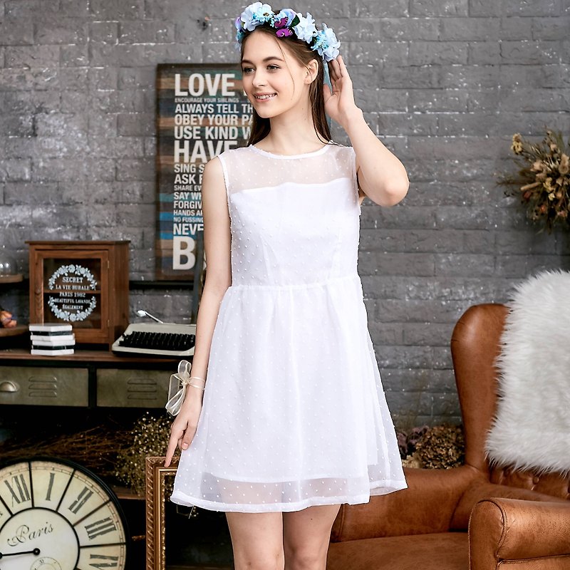(女装) 100%纯棉－沉睡天鹅湖 - 洋装/连衣裙 - 聚酯纤维 白色