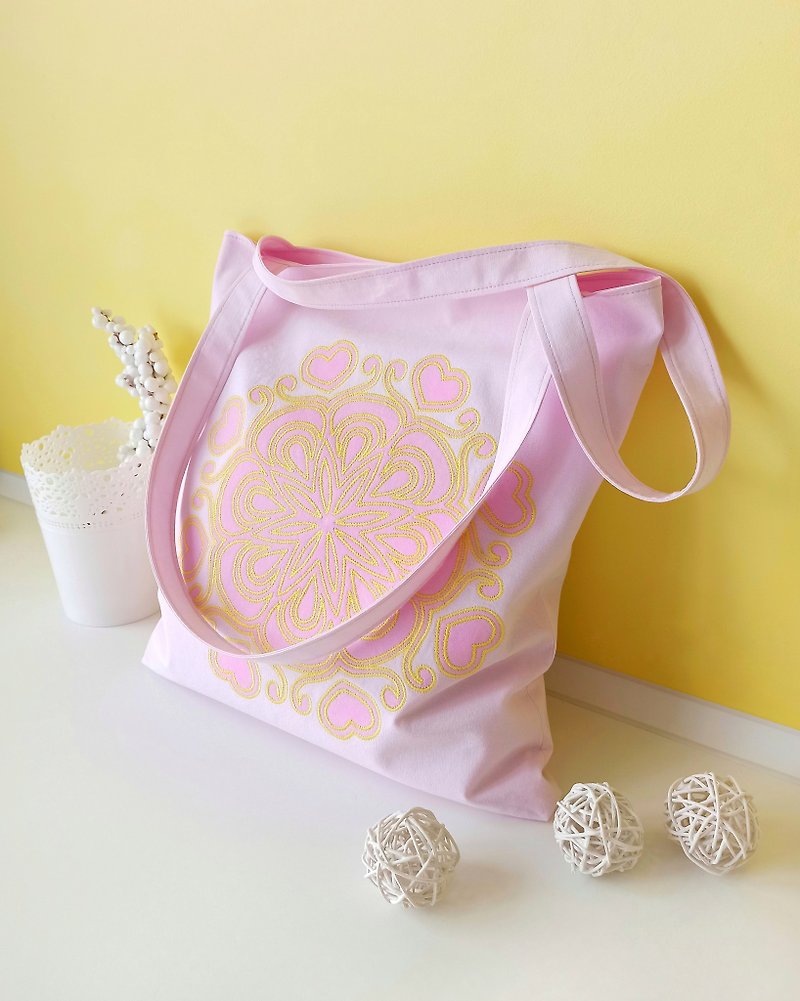 粉色购物袋。 作者的刺绣和手绘曼陀罗。 手工制作的 - 手提包/手提袋 - 棉．麻 粉红色