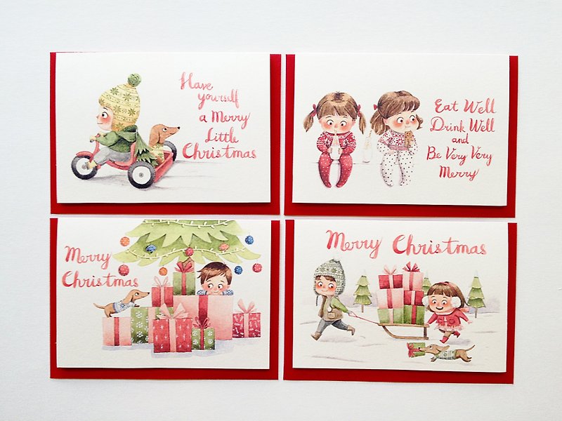 可爱水彩插画圣诞卡片 - 4张优惠组 含信封 - 圣诞节 艺术贺卡 - 卡片/明信片 - 纸 多色