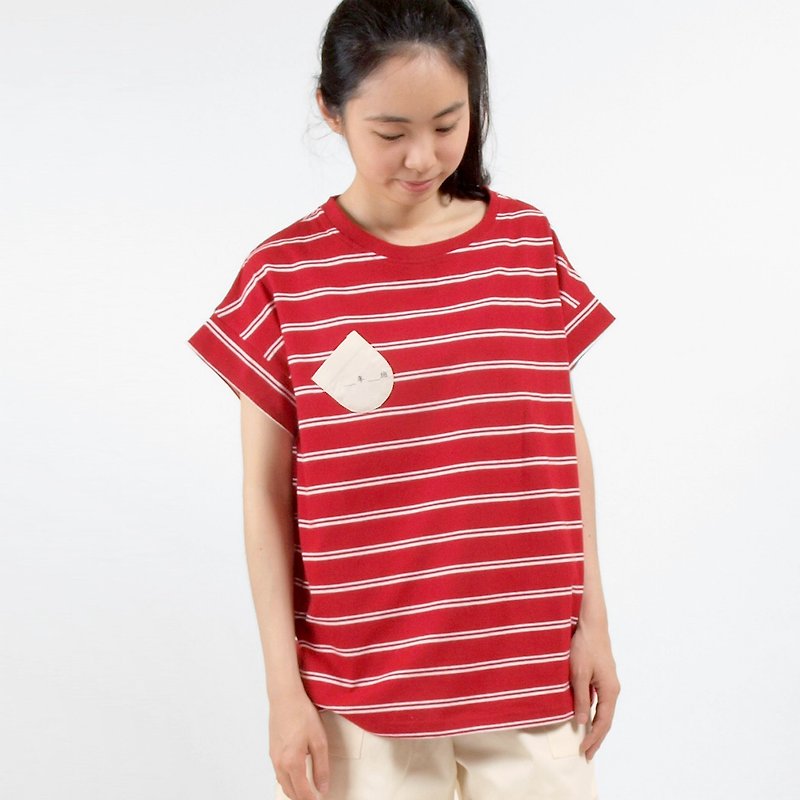 【HEYSUN】_年_班不规则口袋拼接条纹T-shirt - 女装 T 恤 - 棉．麻 红色