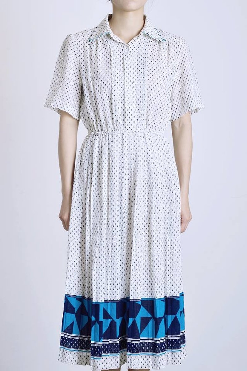 《Vintage dress》小船满版 日本洋装 VD176 - 洋装/连衣裙 - 聚酯纤维 白色
