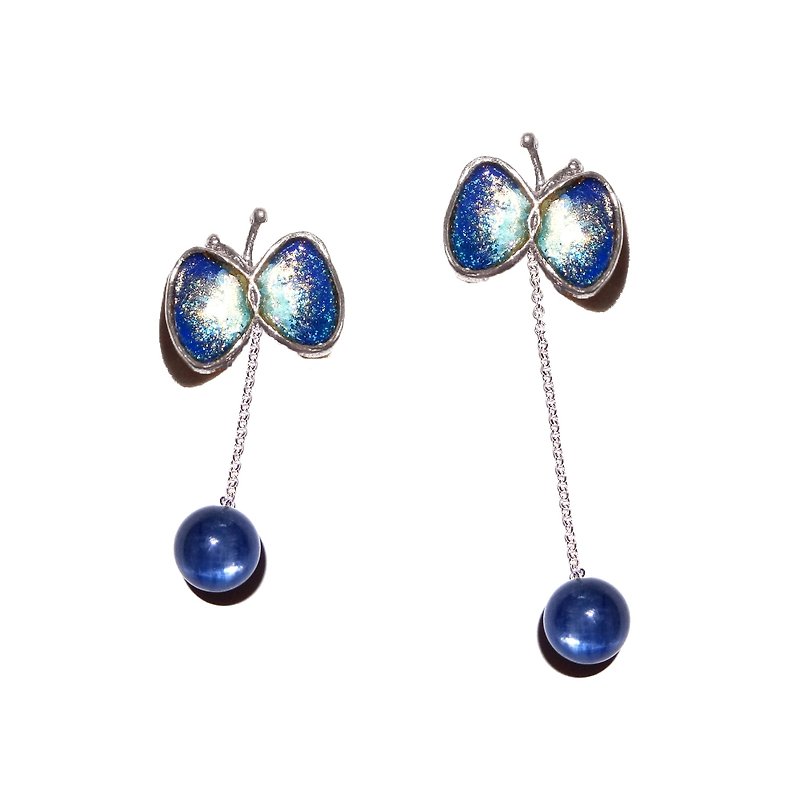 珐琅蝴蝶925银蓝晶石珠不对衬耳环  预购 - 耳环/耳夹 - 宝石 蓝色