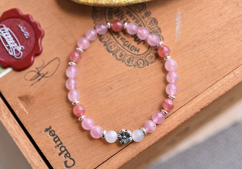 马岛粉晶+白月光石+菱锰矿纯银花朵手链 - 手链/手环 - 水晶 粉红色