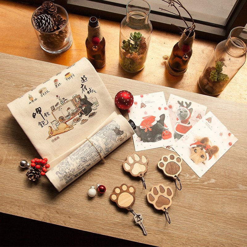 【拍拍】圣诞超值包(原木脚掌钥匙圈+合成帆布袋+圣诞明信片) - 钥匙链/钥匙包 - 木头 红色