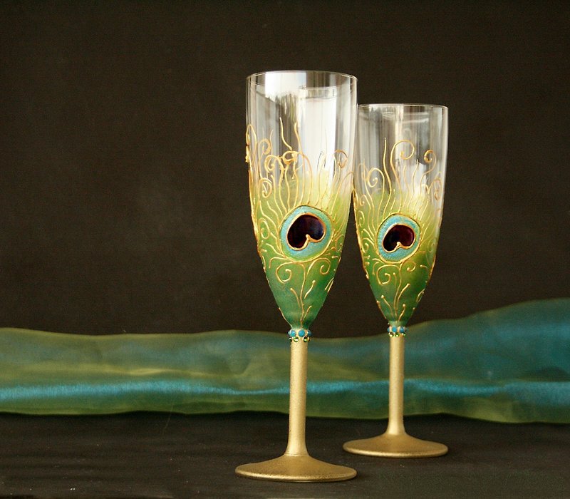 Peacock Champagne Glasses Wedding Wine Glasses Hand Painted Set of 2 - 酒杯/酒器 - 玻璃 绿色