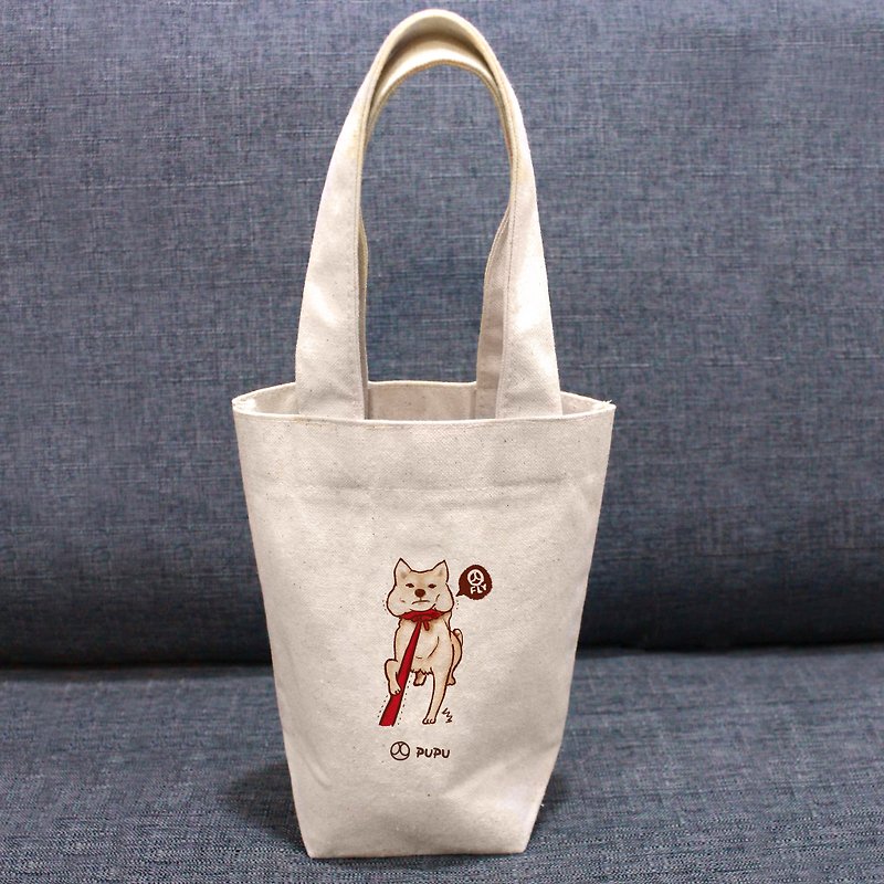 柴犬-拉绳---台湾制棉麻布-文创柴犬-提袋-环保杯袋-苍蝇星球 - 手提包/手提袋 - 棉．麻 白色