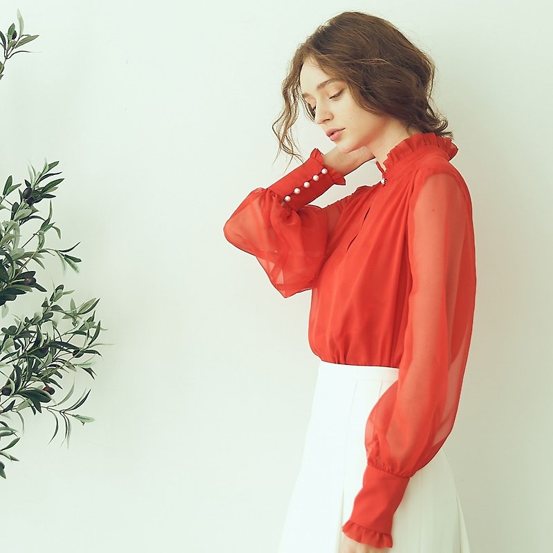 Ashley阿什利珍珠雪纺上衣 - 洋装/连衣裙 - 聚酯纤维 红色