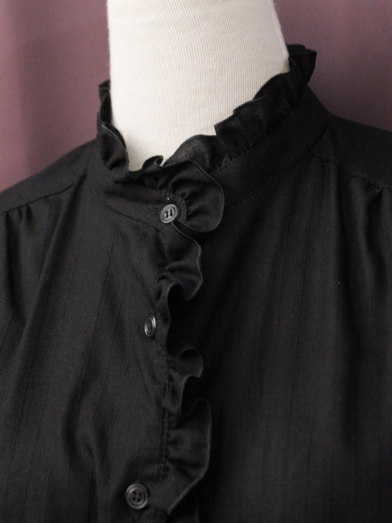 复古欧洲简约典雅立领条纹黑色素色长袖古着衬衫 Vintage Blouse - 女装衬衫 - 聚酯纤维 黑色