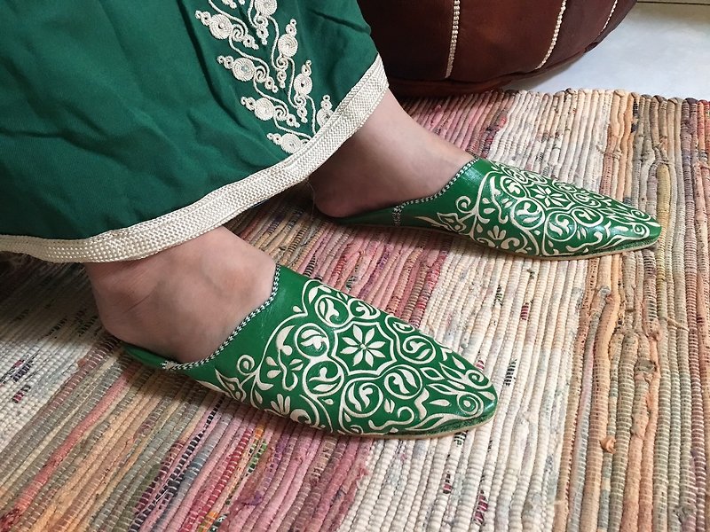 摩洛哥 皮雕手工鞋 薄荷绿 尖头踩脚鞋 室内鞋 - 室内拖鞋 - 真皮 绿色