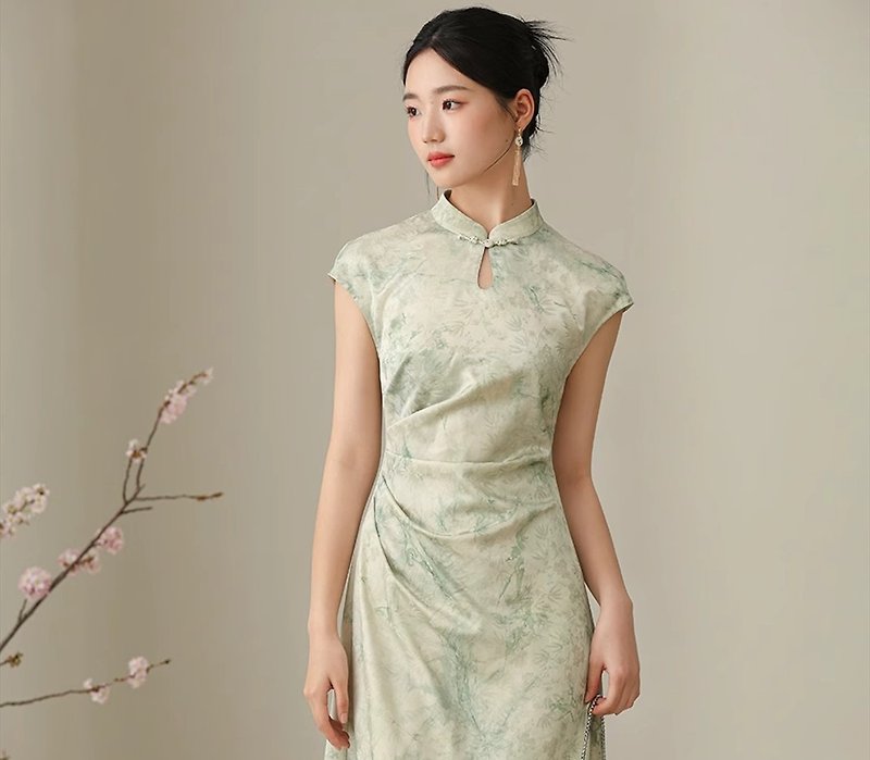 清欢 新中式复古中國風 水墨晕染提花改良洋装 - 洋装/连衣裙 - 其他材质 绿色