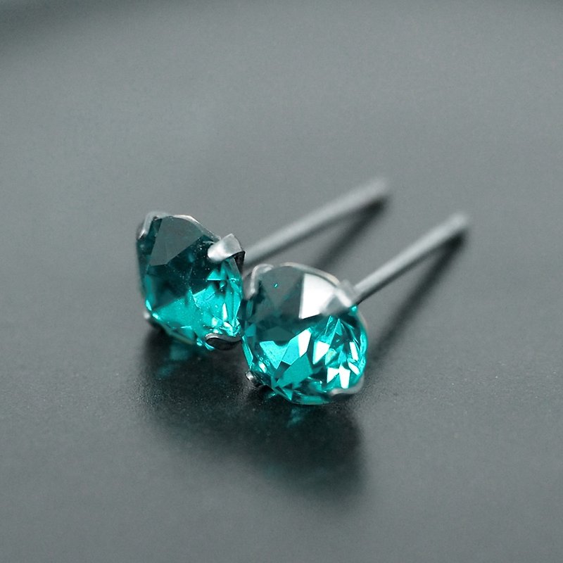 Blue Zircon Swarovski Crystal Earrings, Black Sterling Silver, 6mm Round - 耳环/耳夹 - 其他金属 蓝色