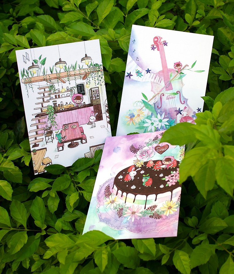 蛙蛙喵 蛋糕 提琴 咖啡厅 粉色明信片组 三入 - 卡片/明信片 - 纸 粉红色