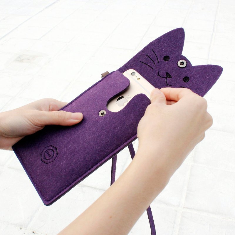 打开一只猫-猫咪手机包/附颈带- Purple Cat 女巫紫猫 - 化妆包/杂物包 - 羊毛 紫色