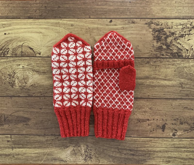 ラトビア伝統柄のカバー付ミトン　レッド - 手套 - 羊毛 红色