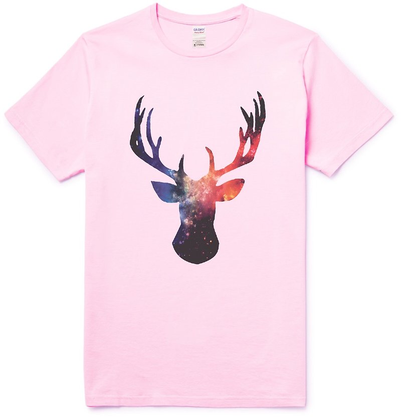Cosmic Stag 短袖T恤 浅粉红色 鹿 宇宙 平价 时尚 设计 自创 品牌 银河系 时髦 圆 三角形 - 女装 T 恤 - 棉．麻 粉红色