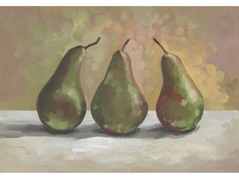 Three Pears ORIGINAL Oil Painting Fruits Still Life Artwork Kitchen Wall Art - 海报/装饰画/版画 - 其他材质 橘色