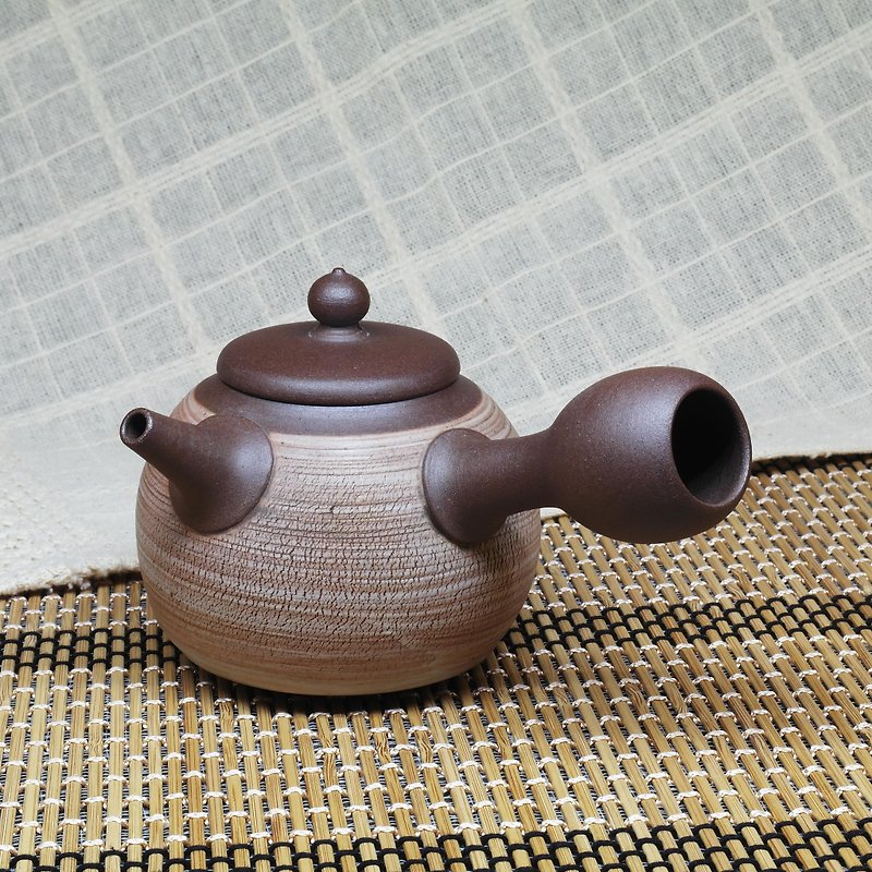 刷毛裂纹圆型侧把茶壶 手作陶艺 茶道具 - 茶具/茶杯 - 陶 咖啡色