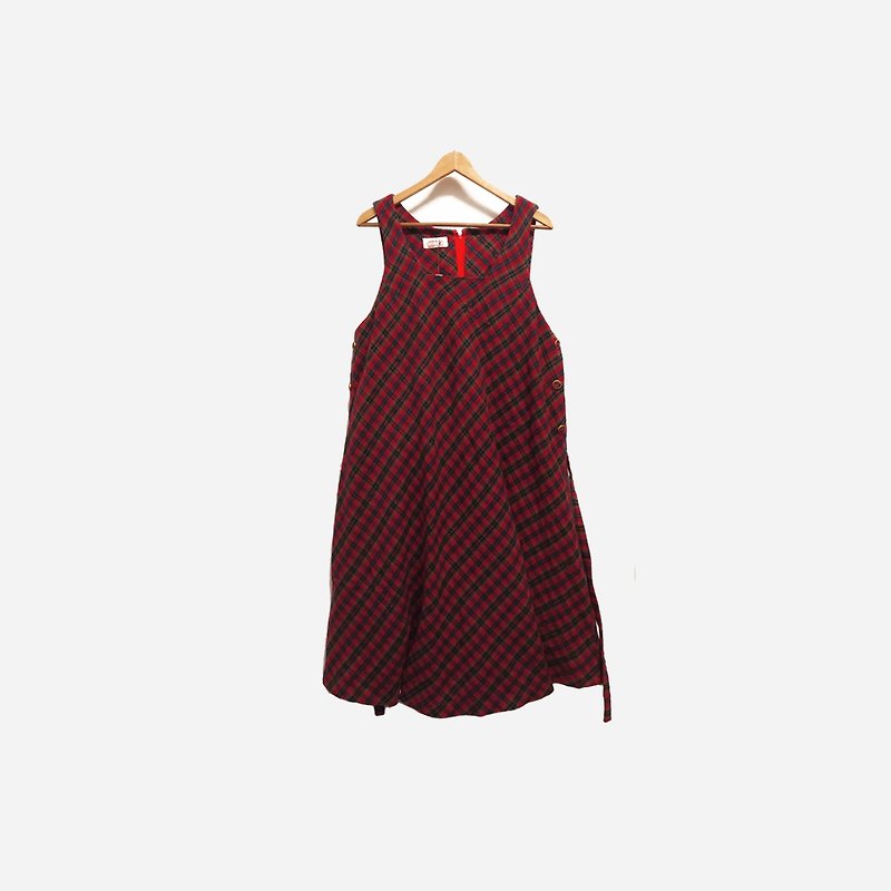 脱臼古着 /  格纹绒面背心裙洋装(可绑带) no.271A1 vintage - 洋装/连衣裙 - 聚酯纤维 红色